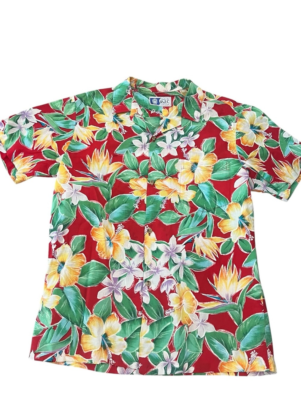 Vintage RJC America Made Hawaiian Shirt SS Medium Green Yellow Floral Hibiscus